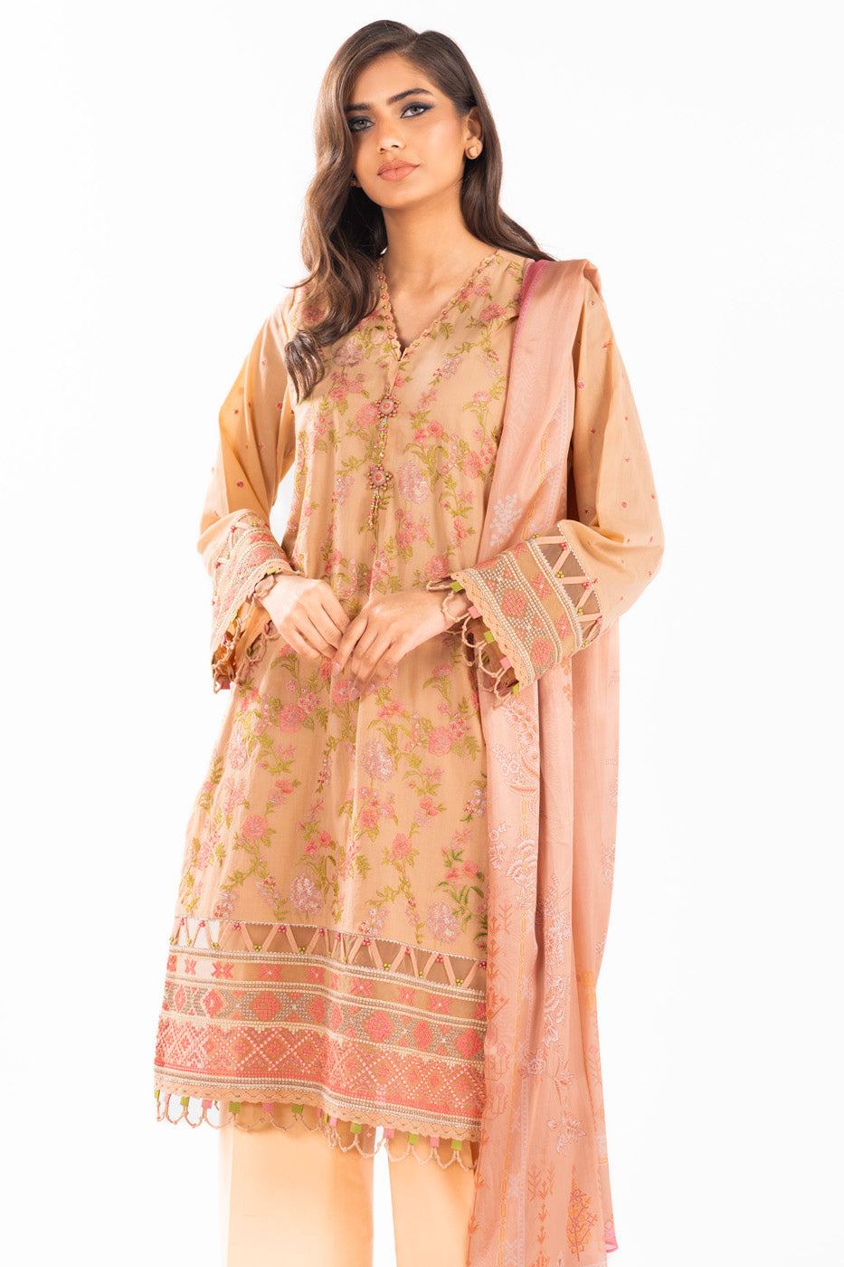 3 Pc Embroidered Lawn Suit With Tissue Silk Dupatta