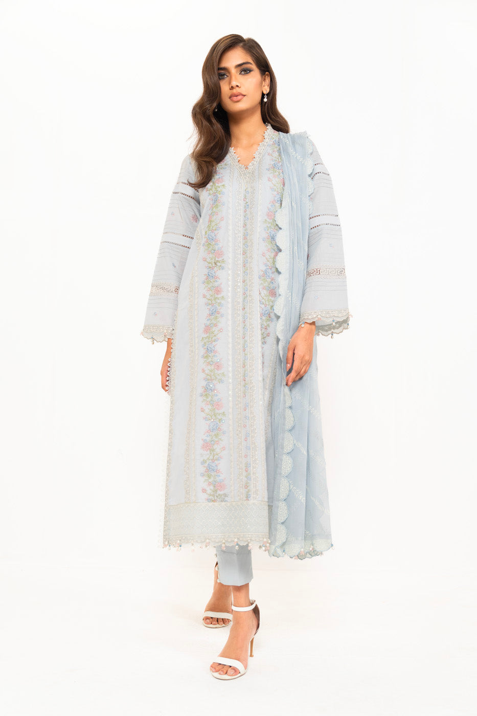 3 Pc Embroidered Lawn Suit With Poly Chiffon Dupatta