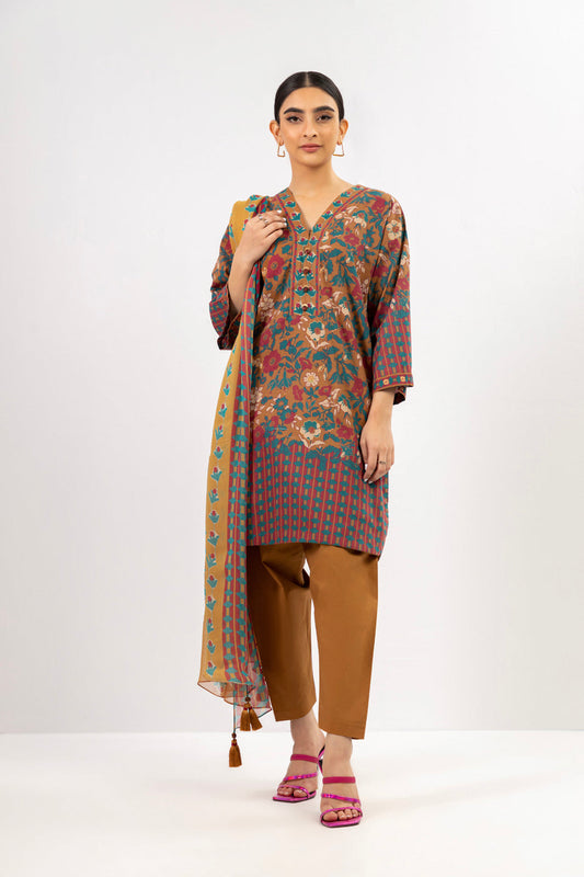 3 Pc Printed Cambric Suit With Chiffon Dupatta