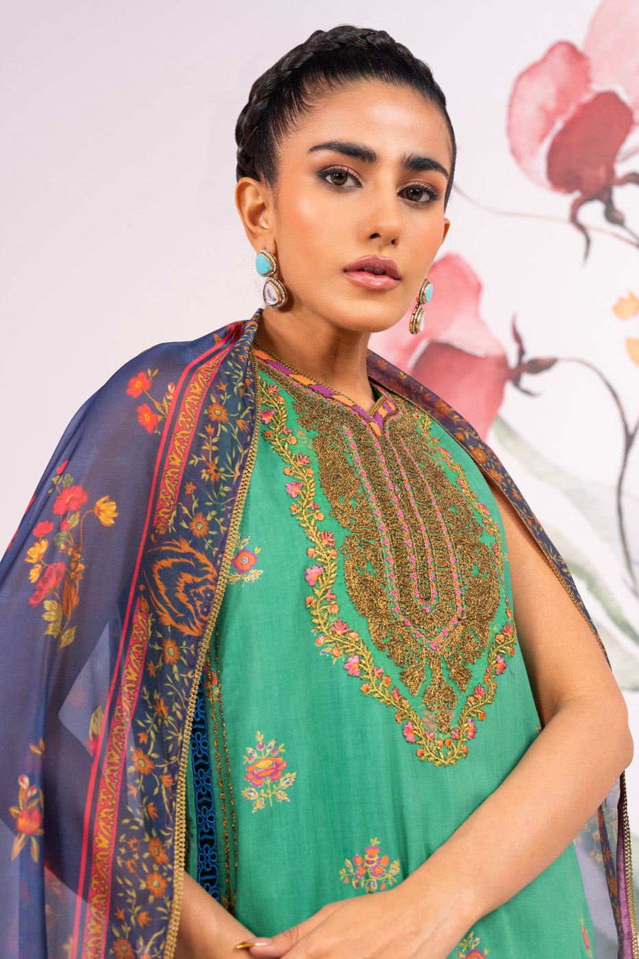 3 Pc Embroidered Viscose Suit With Silk Dupatta