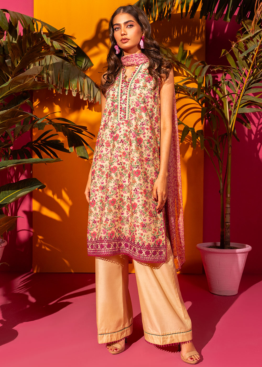 3 Pc Embroidered Poly Lawn Suit With Zari Stripes Dupatta