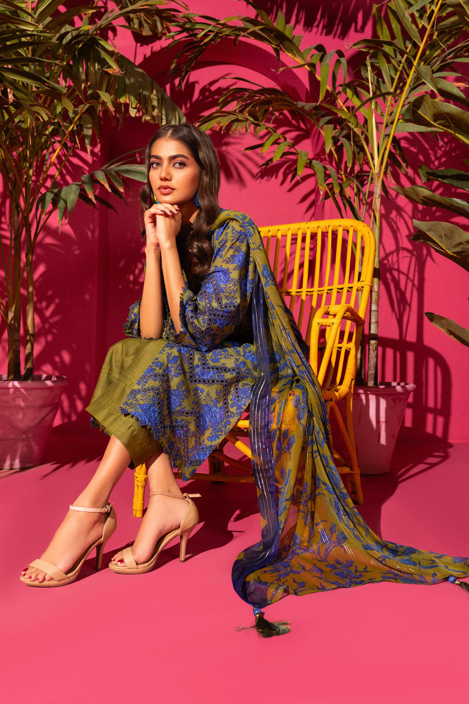 3 Pc Embroidered Poly Lawn Suit With Zari Stripes Dupatta