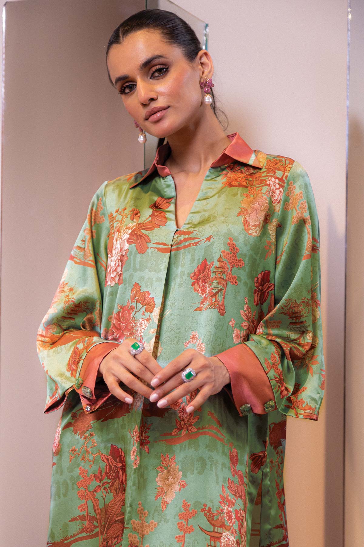 2 Pc Printed Chamois Silk Suit With Chamois Silk Trouser