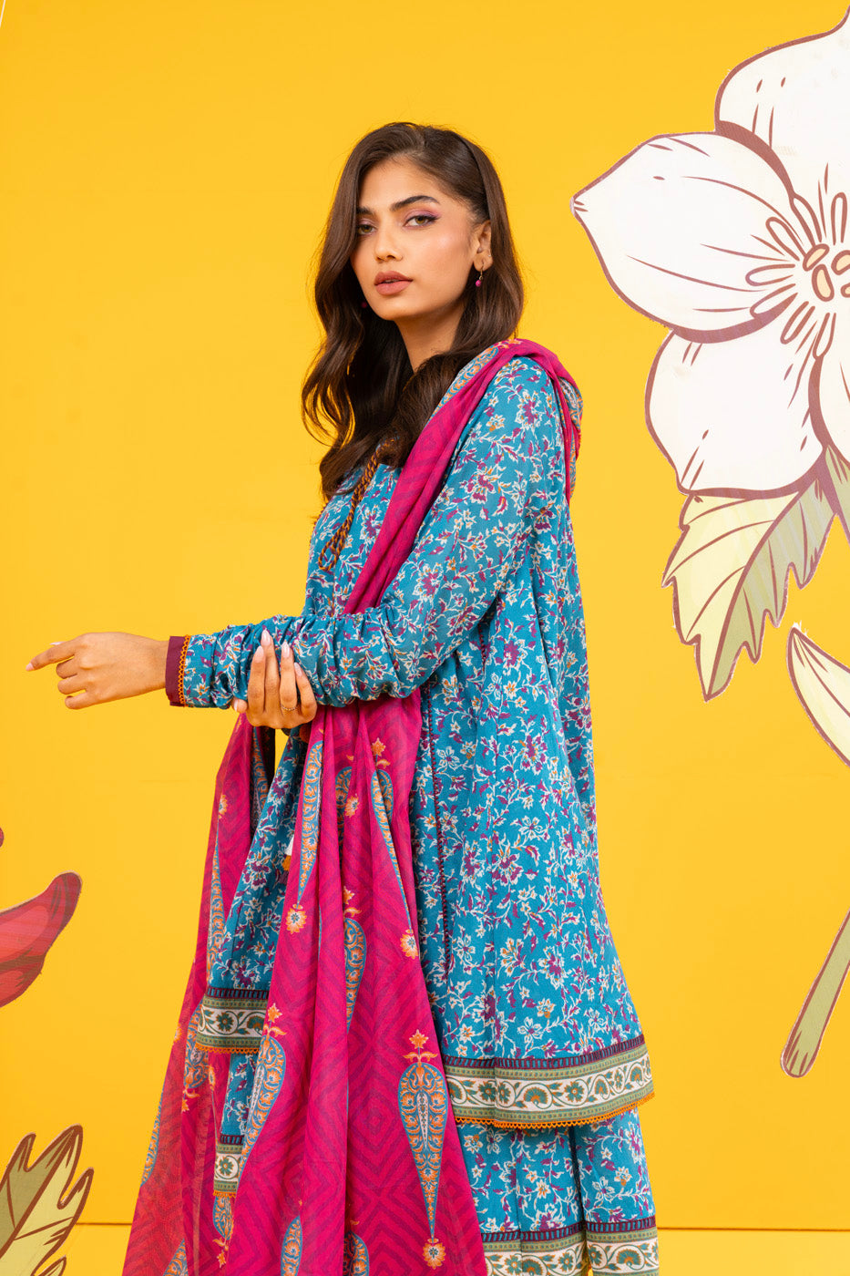2 Pc Printed Lawn Shirt With Lawn Dupatta