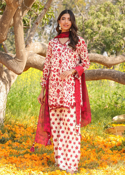 3 Pc Printed Lawn Suit With Chiffon Dupatta