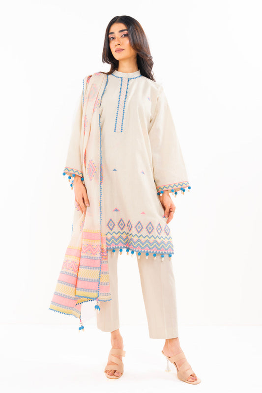 3 Pc Embroidered Doby Dyed Suit With Jacquard Dupatta