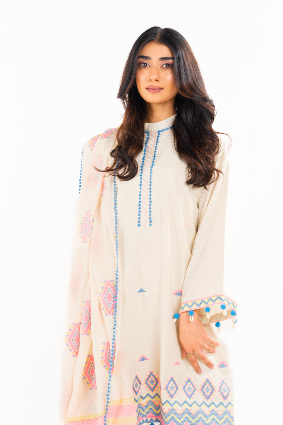 3 Pc Embroidered Doby Dyed Suit With Jacquard Dupatta