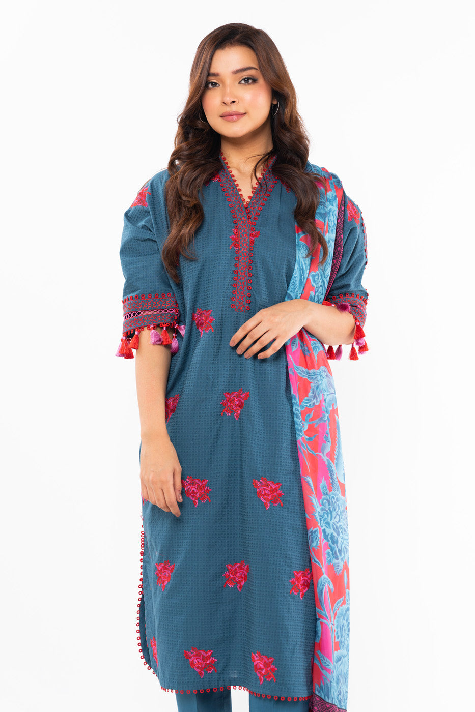3 Pc Embroidered Doby Dyed Suit With Silk Dupatta