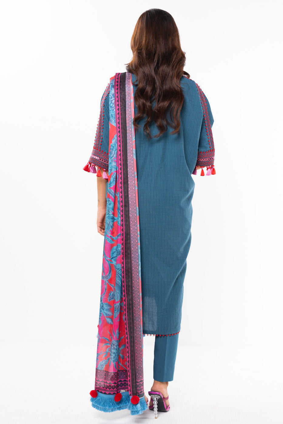 3 Pc Embroidered Doby Dyed Suit With Silk Dupatta