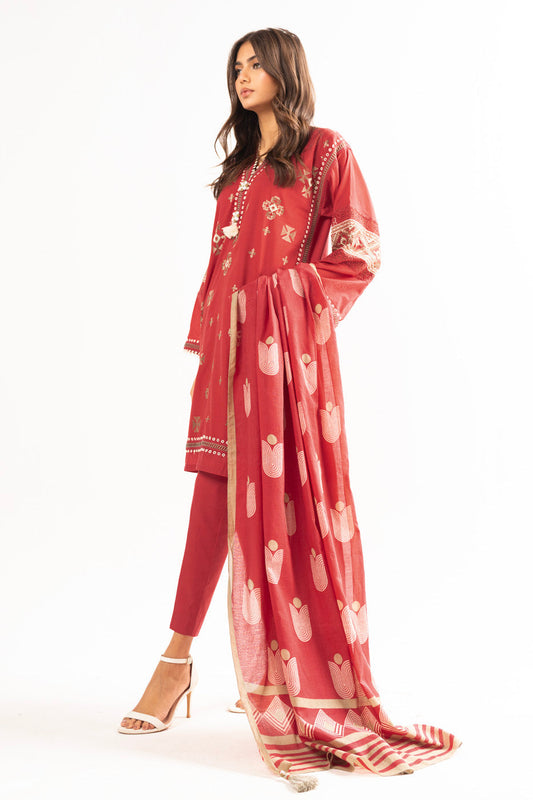 3 Pc Embroidered Two Way Slub Suit With Lawn Dupatta