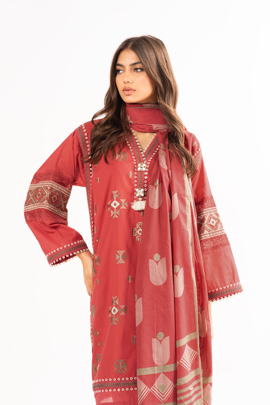 3 Pc Embroidered Two Way Slub Suit With Lawn Dupatta
