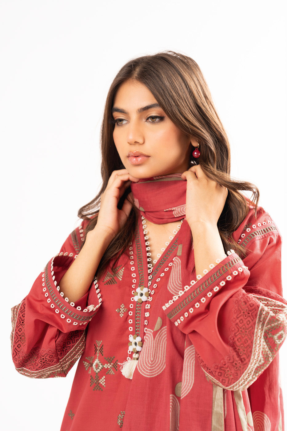 3 Pc Embroidered Two Way Slub Suit With Lawn Dupatta