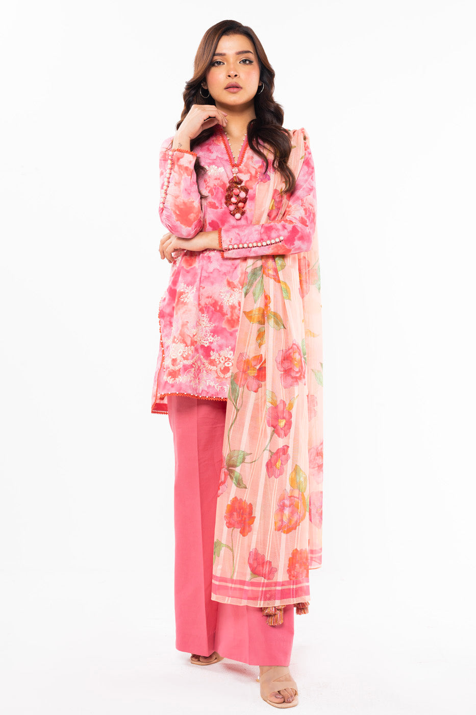 3 Pc Embroidered Lawn Suit With Zari Stripes Dupatta