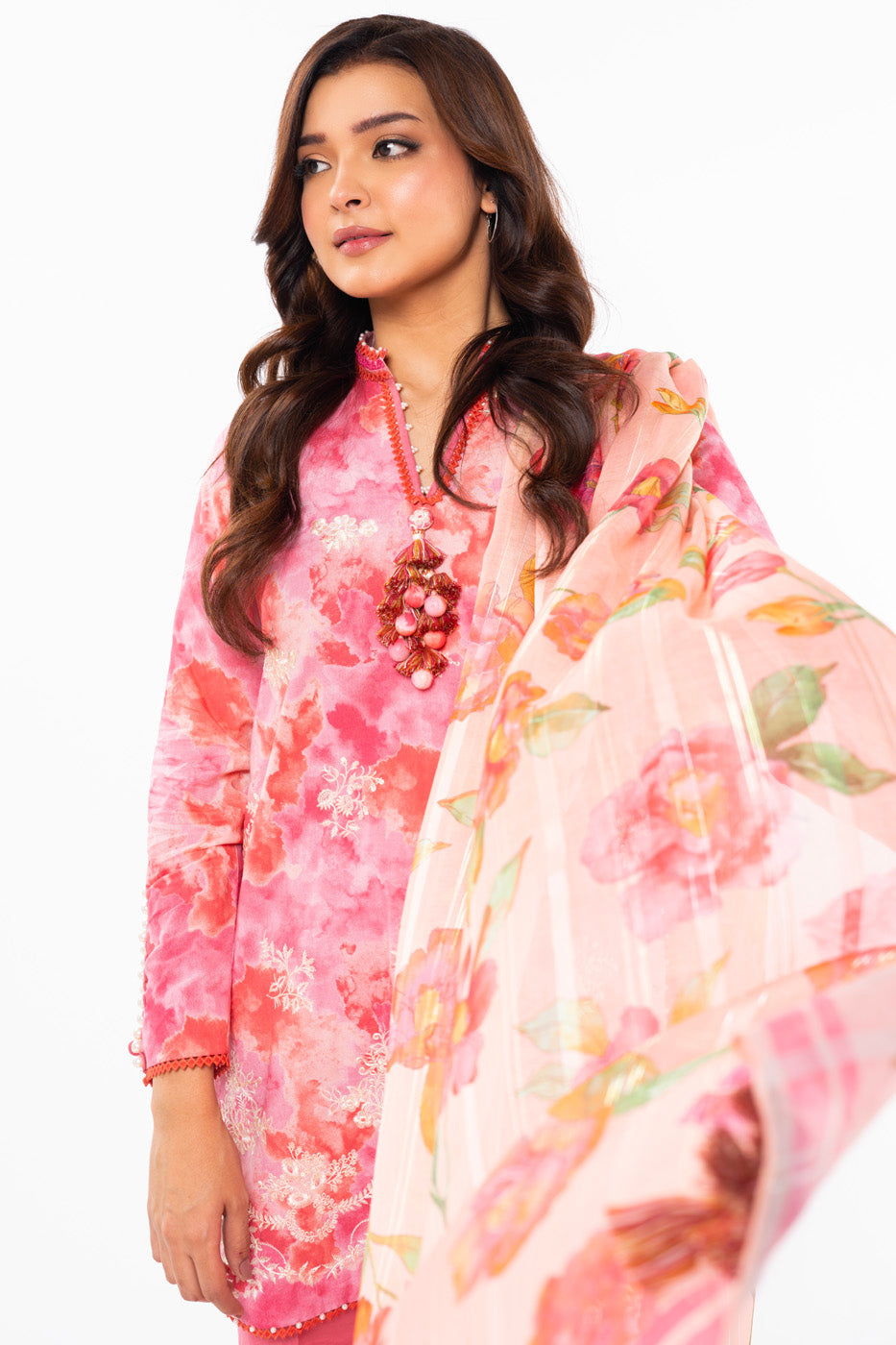 3 Pc Embroidered Lawn Suit With Zari Stripes Dupatta