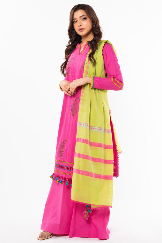 3 Pc Embroidered Dyed Doby Suit With Yarn Dyed Dupatta