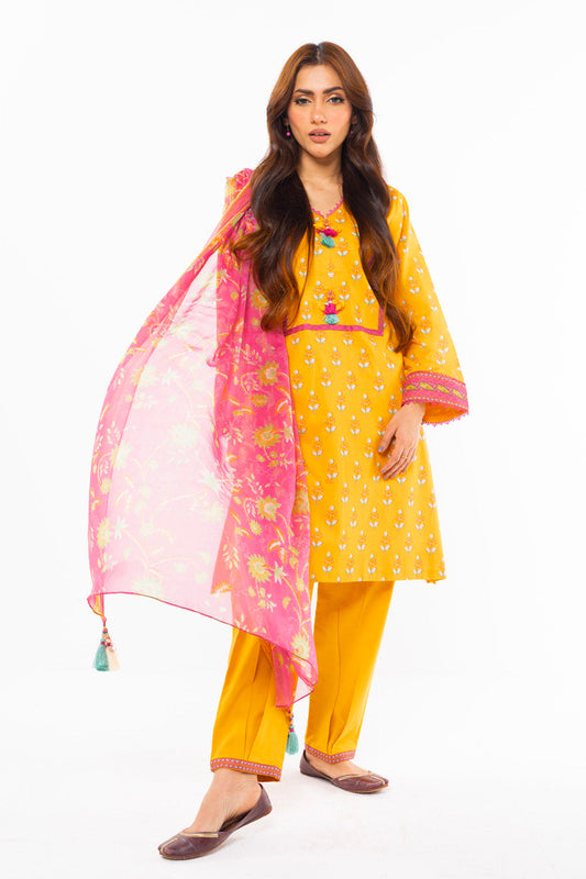 3 Pc Printed Lawn Suit With Chiffon Dupatta