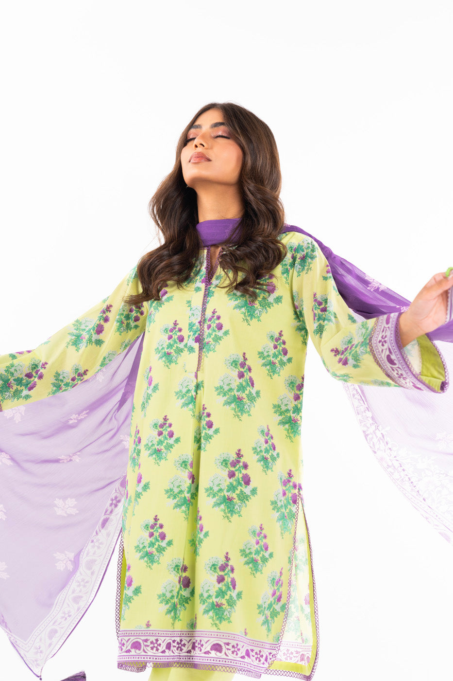 3 Pc Printed Lawn Suit With Chiffon Dupatta