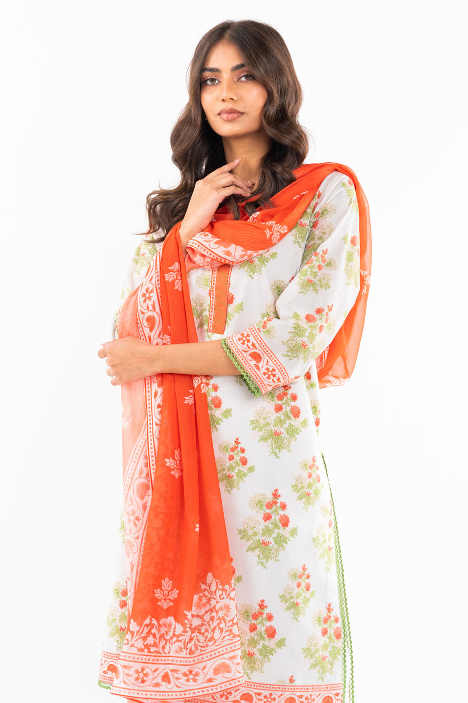 3 Pc Printed Lawn Suit With Chiffon Dupatta