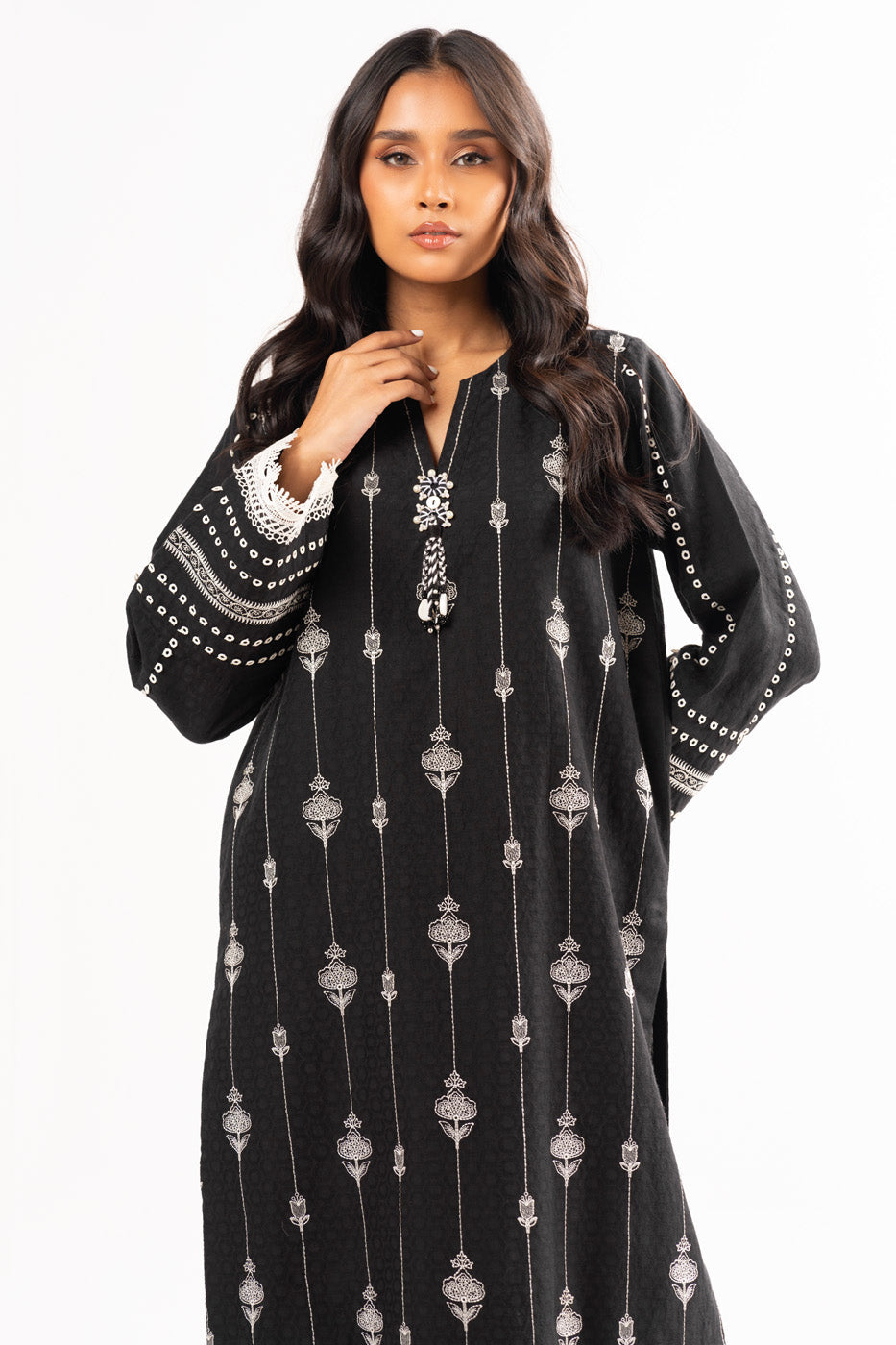 2 Pc Embroidered Doby Dyed Suit With Cambric Trouser