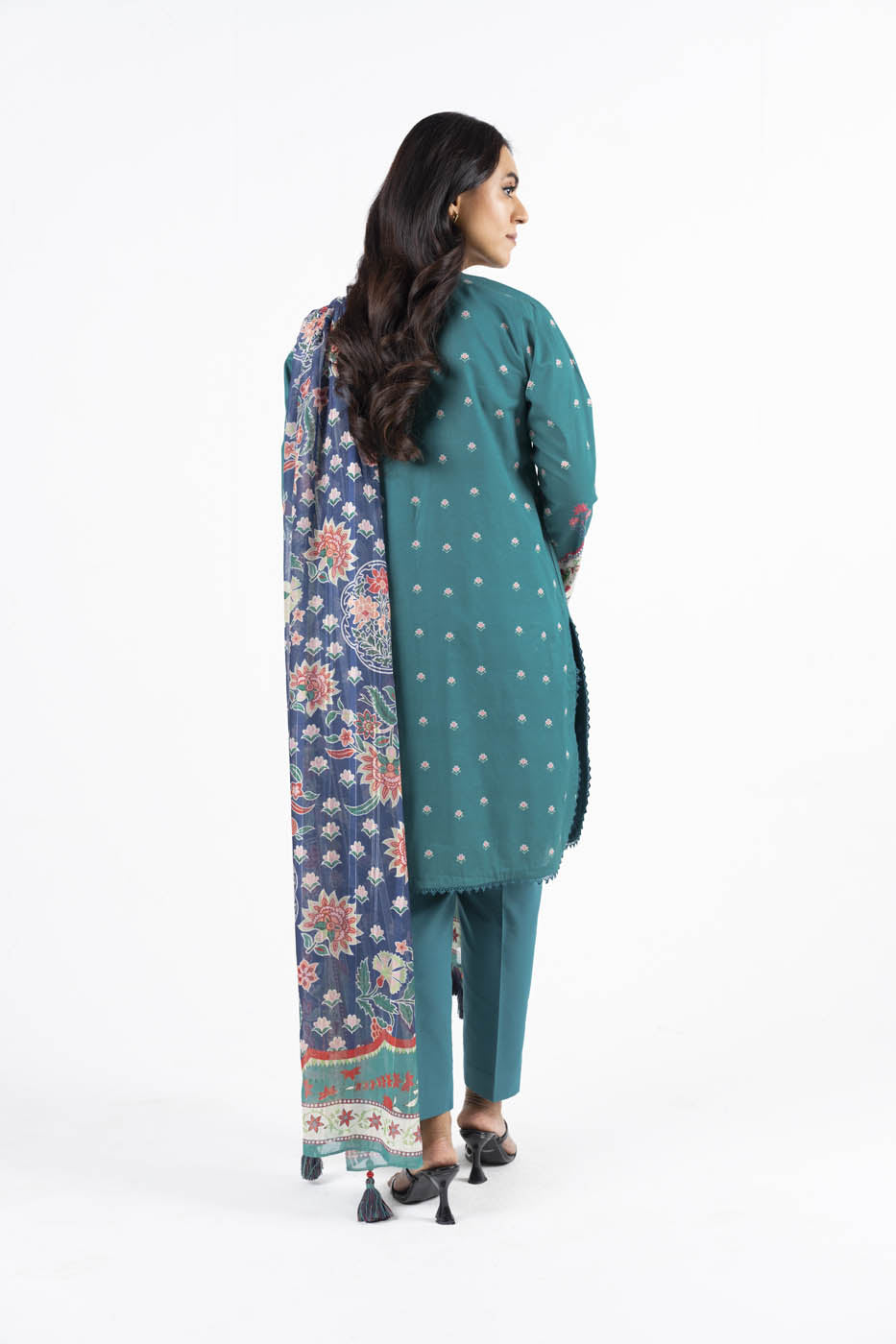 3 Pc Embroidered Lawn Suit With Zari Stripe Dupatta