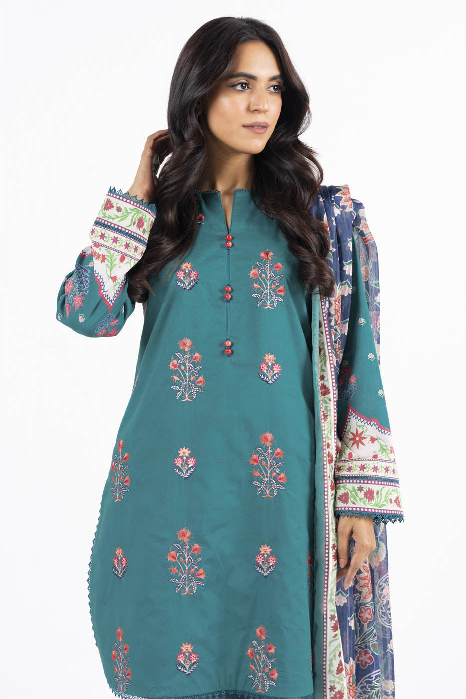 3 Pc Embroidered Lawn Suit With Zari Stripe Dupatta