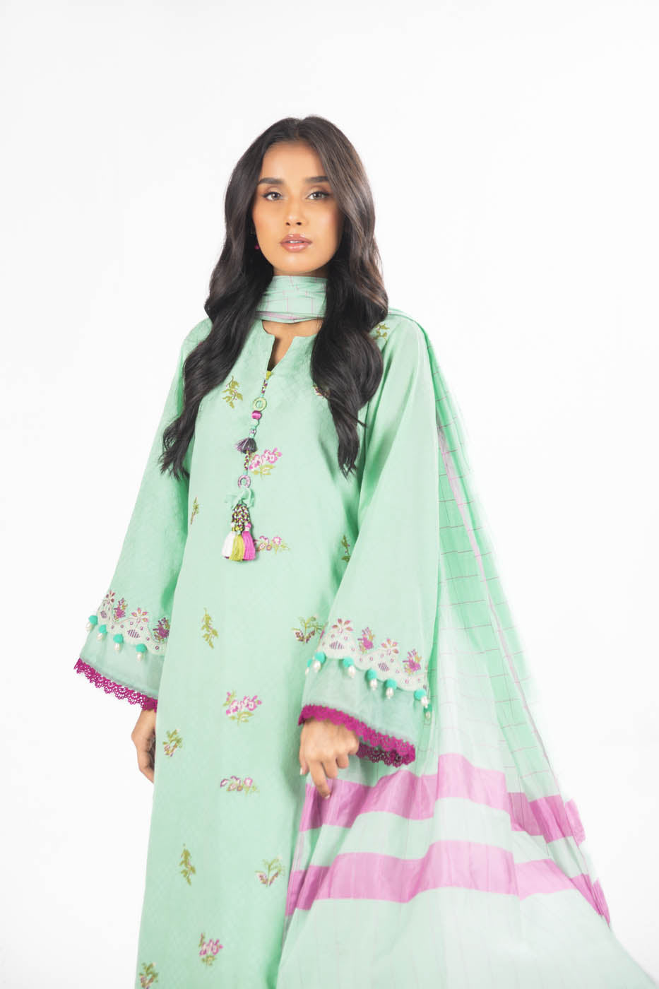3 Pc Embroidered Doby Dyed Suit With Yarn Dyed Dupatta