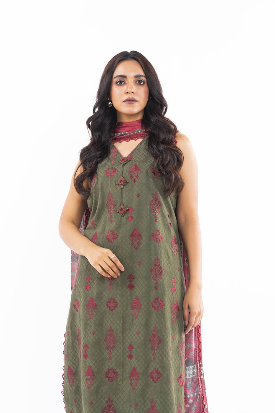 3 Pc Embroidered Doby Dyed Suit With Silk Dupatta