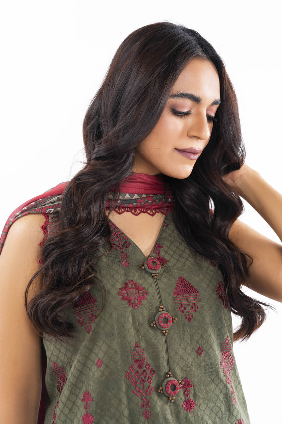 3 Pc Embroidered Doby Dyed Suit With Silk Dupatta