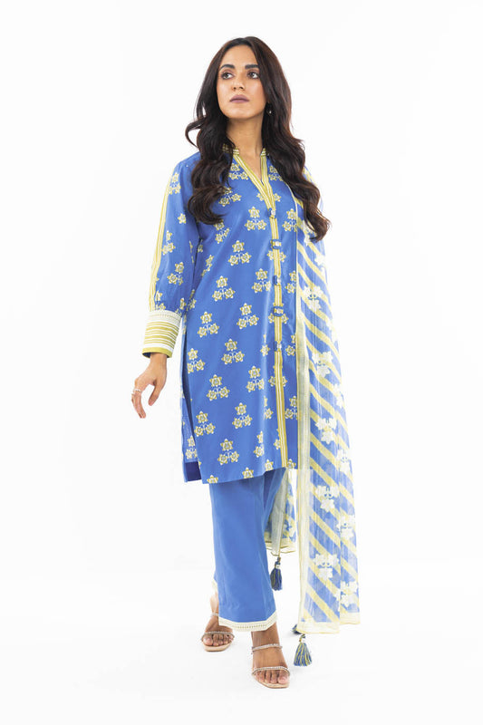 3 Pc Printed Lawn Suit With Zari stripes Dupatta