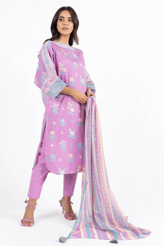 3 Pc Embroidered Lawn Suit With Chiffon Dupatta