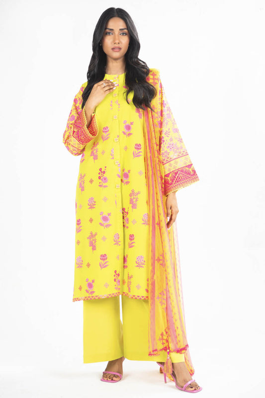 3 Pc Embroidered Lawn Suit With Chiffon Dupatta