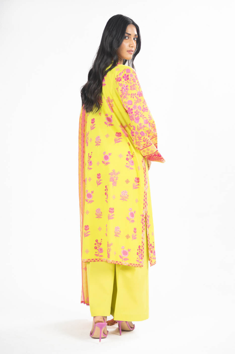 3 Pc Embroidered Lawn Suit With Chiffon Dupatta