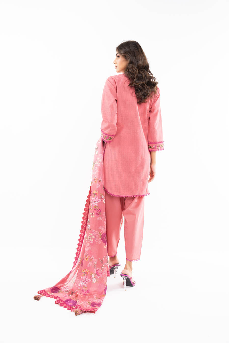 3 Pc Embroidered Doby Dyed Suit With Silk Dupatta