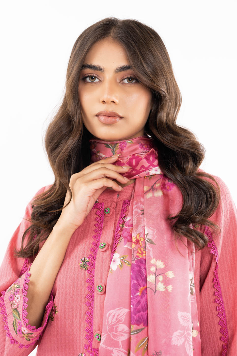 3 Pc Embroidered Doby Dyed Suit With Silk Dupatta