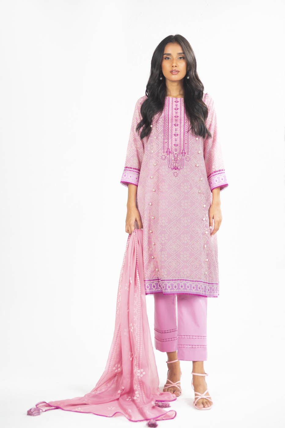 3 Pc Embroidered Lawn Suit With Chiffon Dupatta