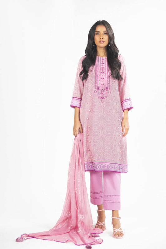 3 Pc Embroidered Lawn Suit With Chiffon Dupatta