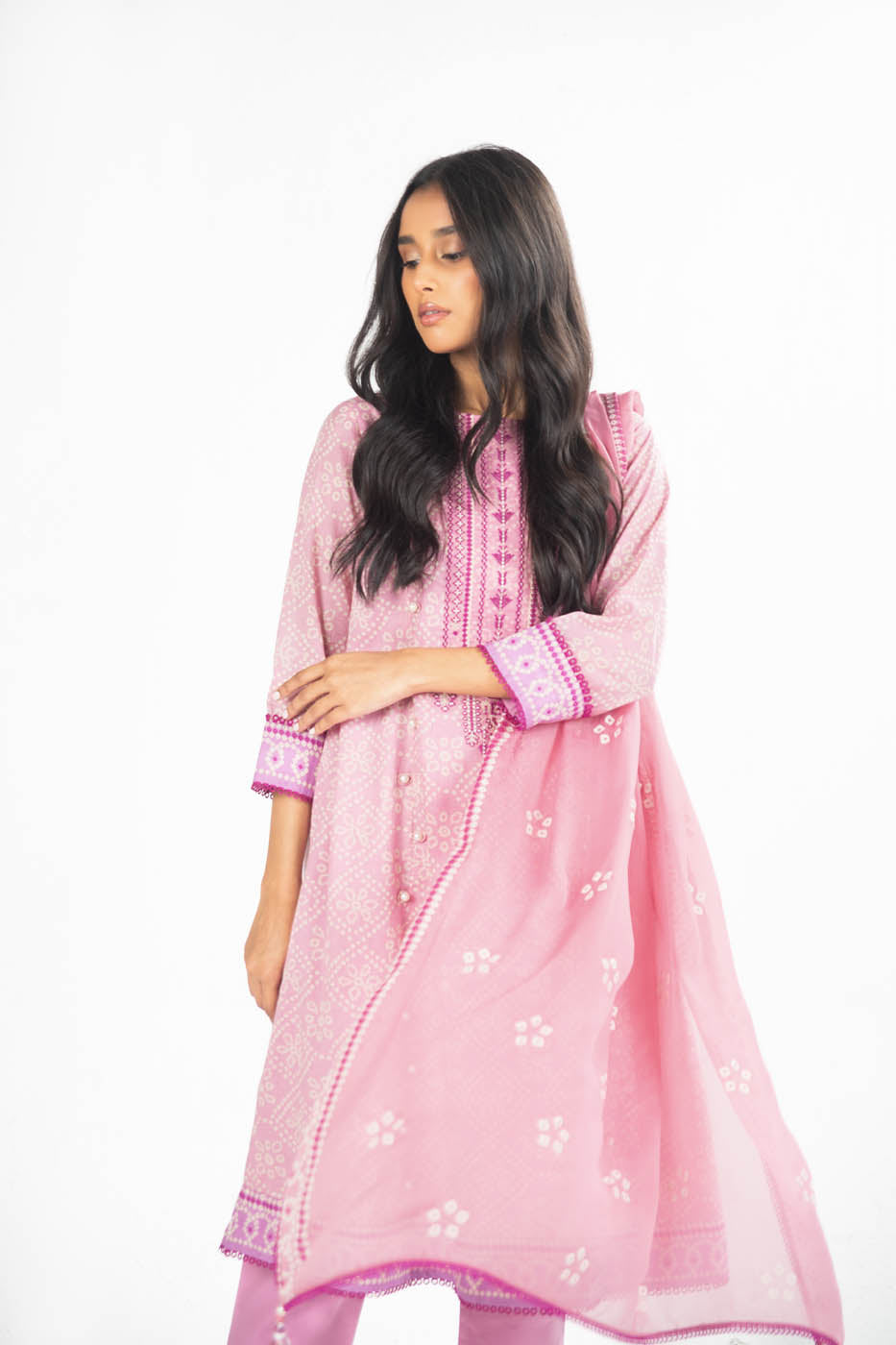 3 Pc Embroidered Lawn Suit With Chiffon Dupatta