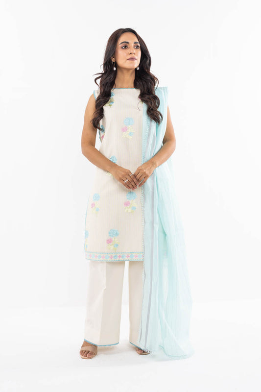 3 Pc Embroidered Yarn Dyed Suit With Yarn Dyed Dupatta