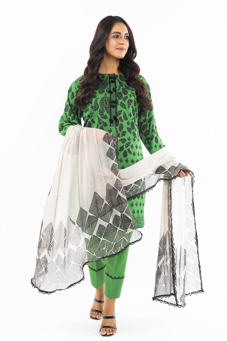 3 Pc Printed Lawn Suit With Chiffon Dupatta