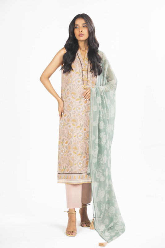 3 Pc Printed Lawn Suit With Chiffon Dupatta