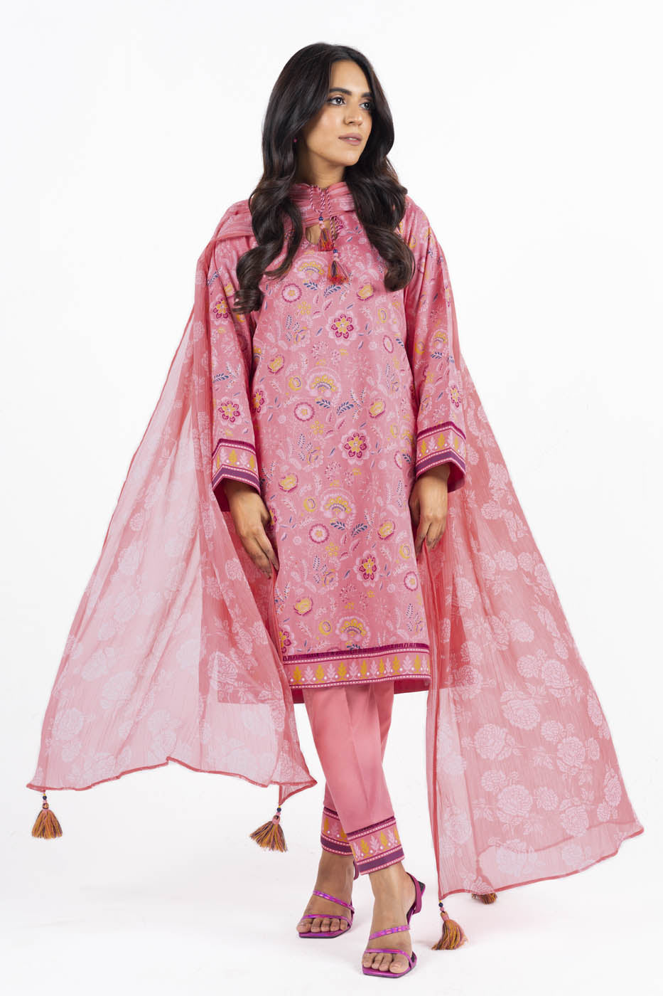 3 Pc Printed Lawn Suit With Chiffon Dupatta