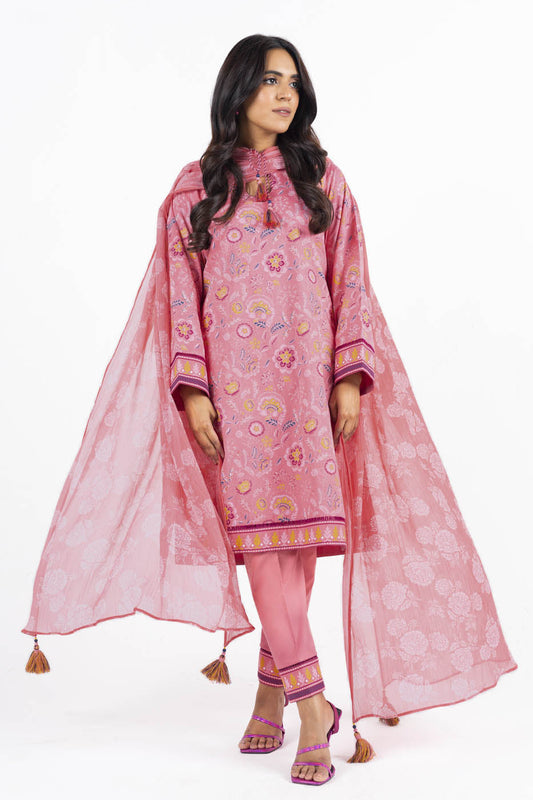 3 Pc Printed Lawn Suit With Chiffon Dupatta