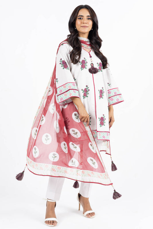 3 Pc Printed Lawn Suit With Chiffon Dupatta