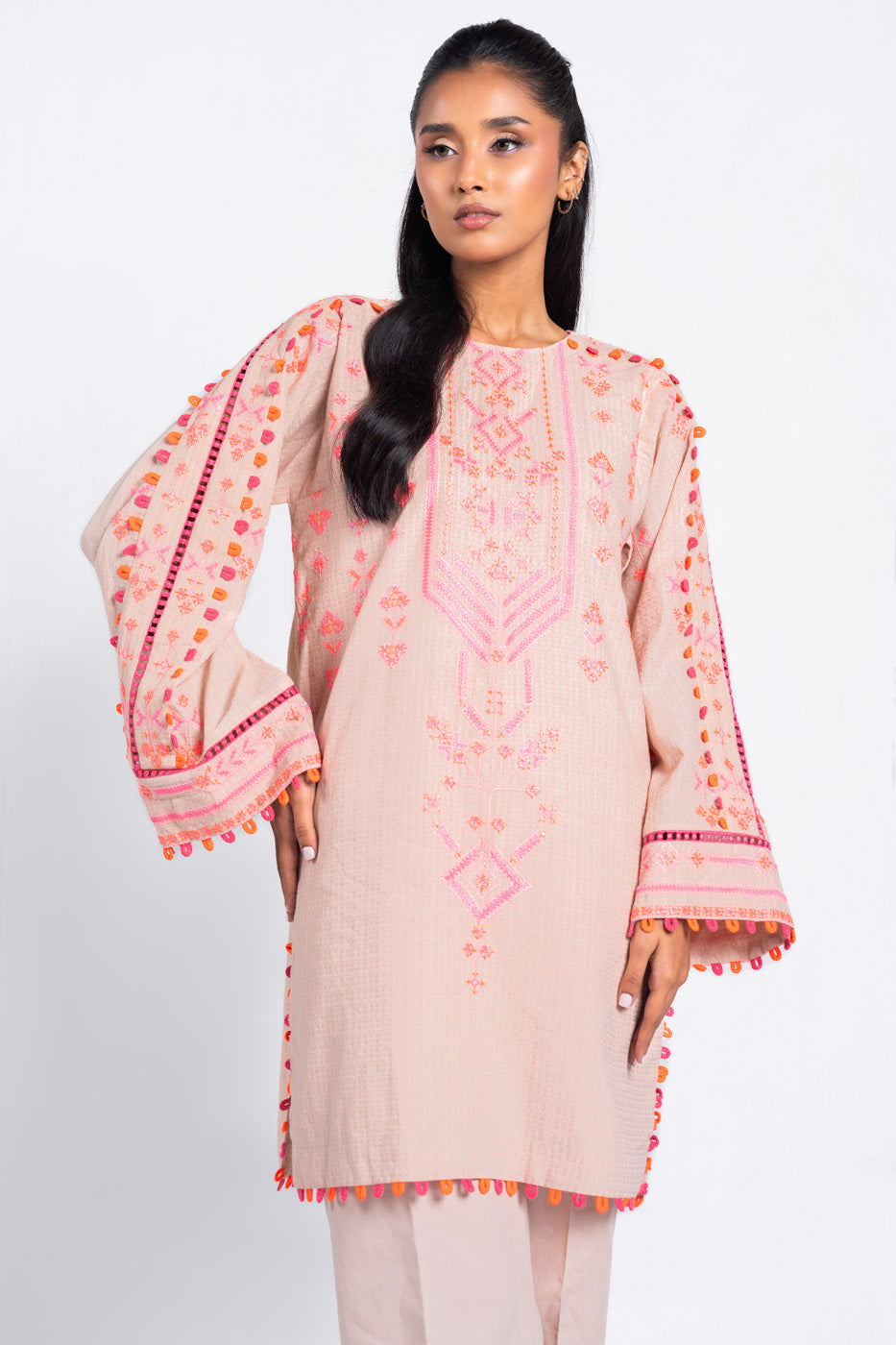 2 Pc Embroidered Dobby Dyed Suit With Cambric Trouser
