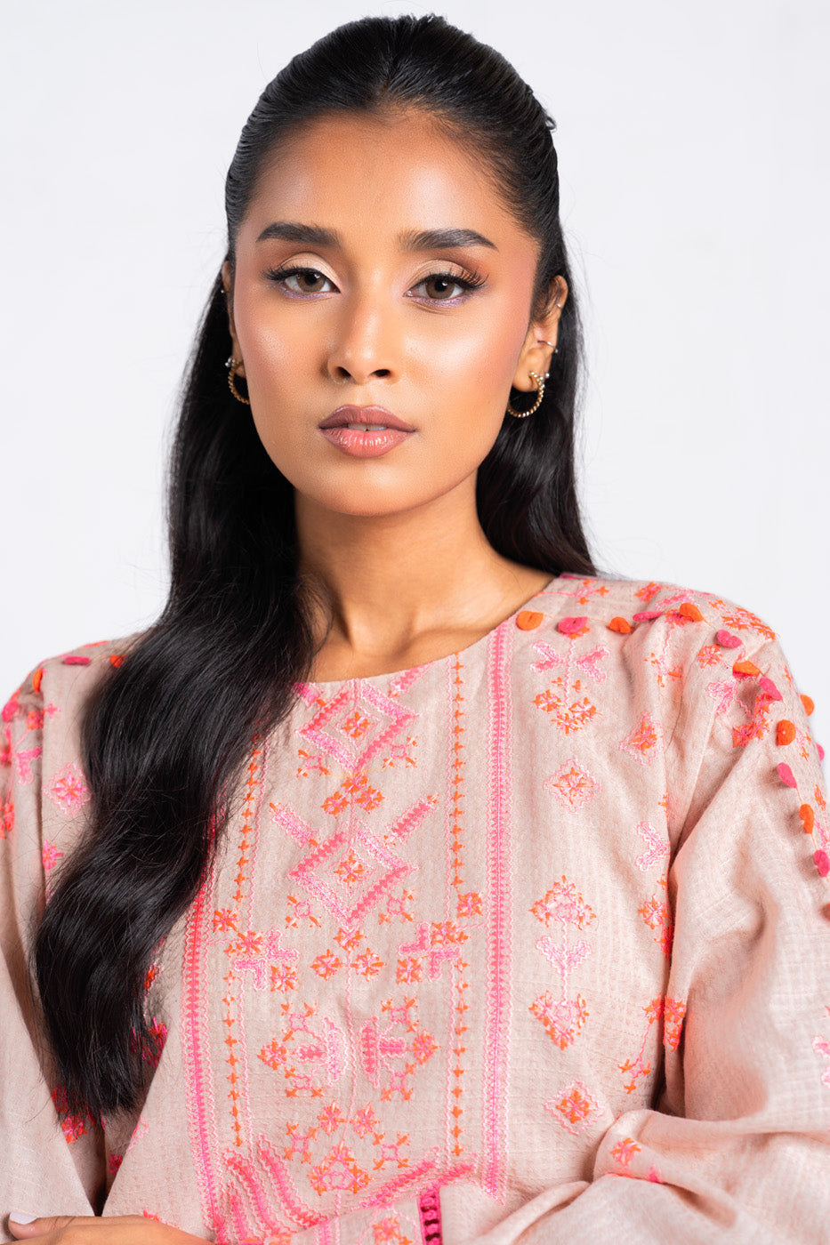 2 Pc Embroidered Dobby Dyed Suit With Cambric Trouser