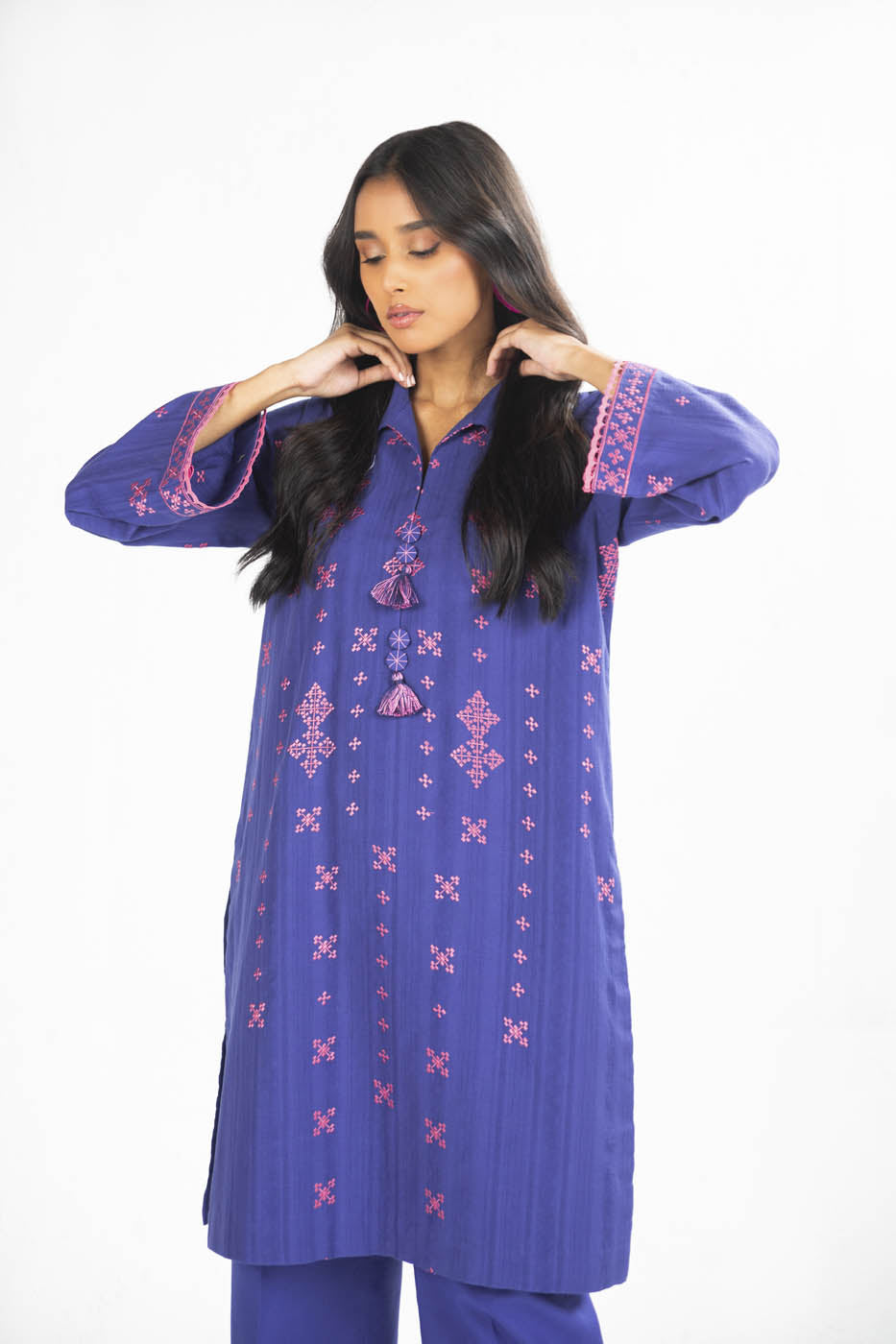 2 Pc Embroidered Doby Dyed Suit With Cambric Trouser