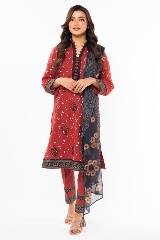 3 Pc Embroidered Lawn Suit With Chiffon Dupatta