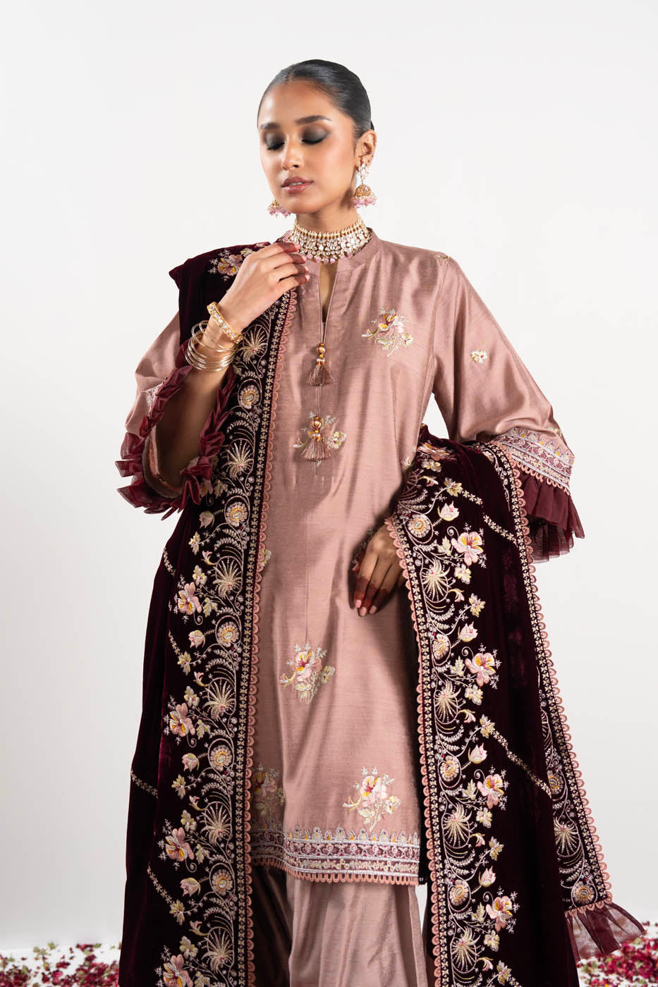 3 Pc Embroidered Yarn Dyed Silk Suit With Velvet Shawl