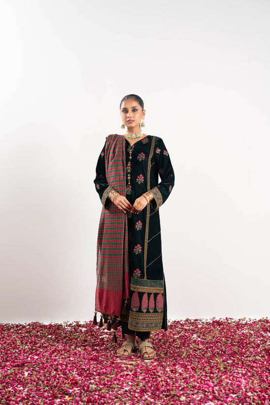 3 Pc Embroidered Velvet Suit With Yarn Dyed Dupatta
