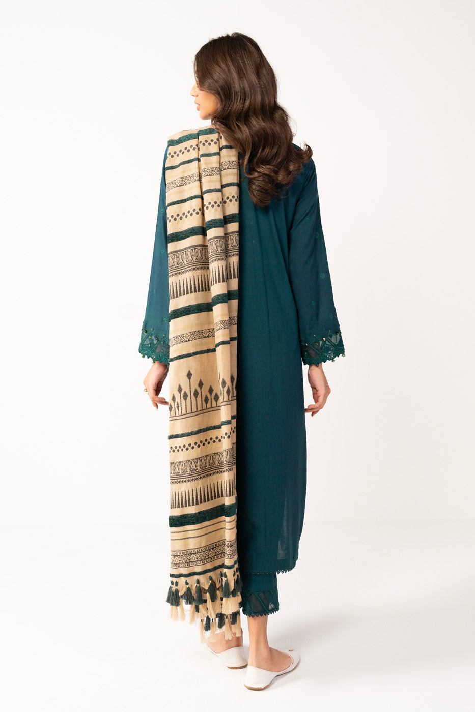 3 Pc Embroidered Viscose Suit With Woven Shawl